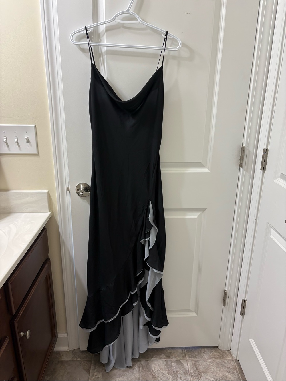 BCBGMaxAzria Black Slip Maxi Dress with Gray Ruffle Trim